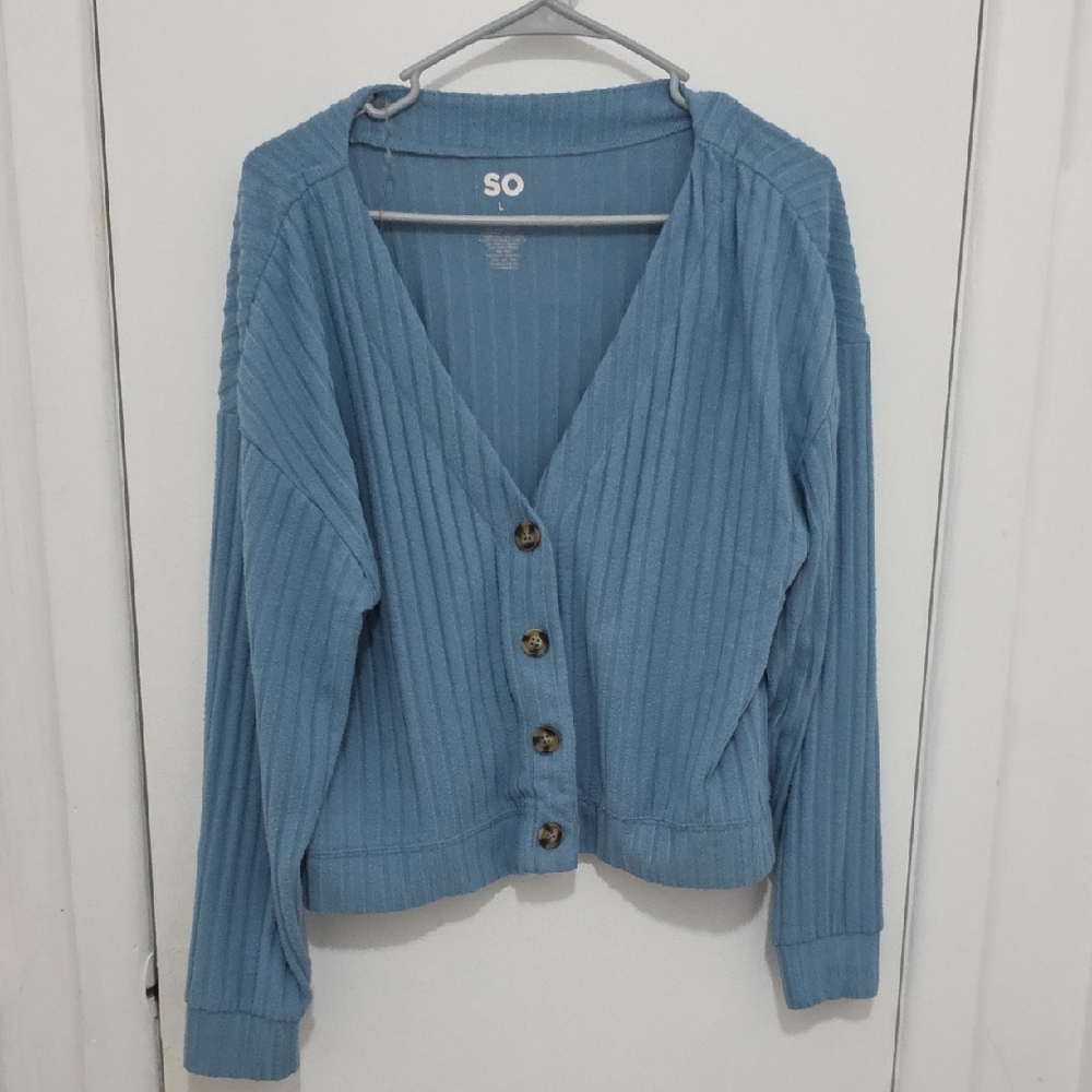 SO Blue Ribbed V-Neck Button Cardigan
